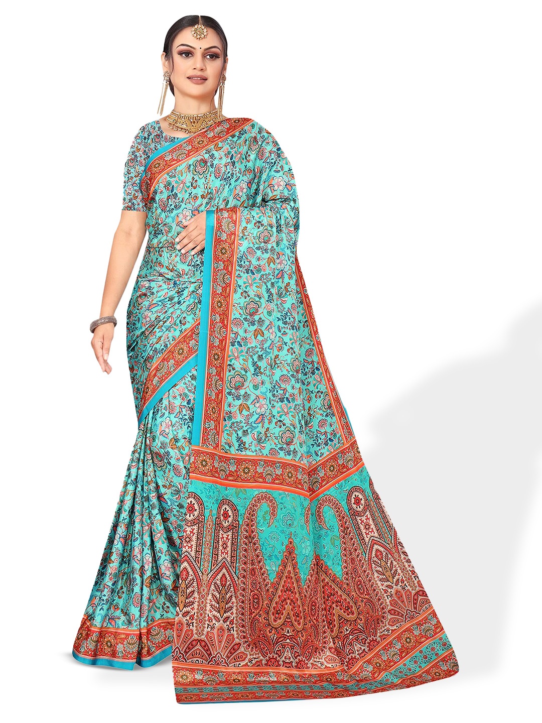 

Pisara Ethnic Motifs Printed Pure Crepe Saree, Turquoise blue