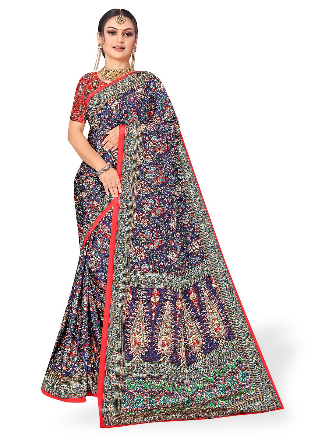 

Pisara Ethnic Motifs Printed Pure Crepe Saree, Navy blue