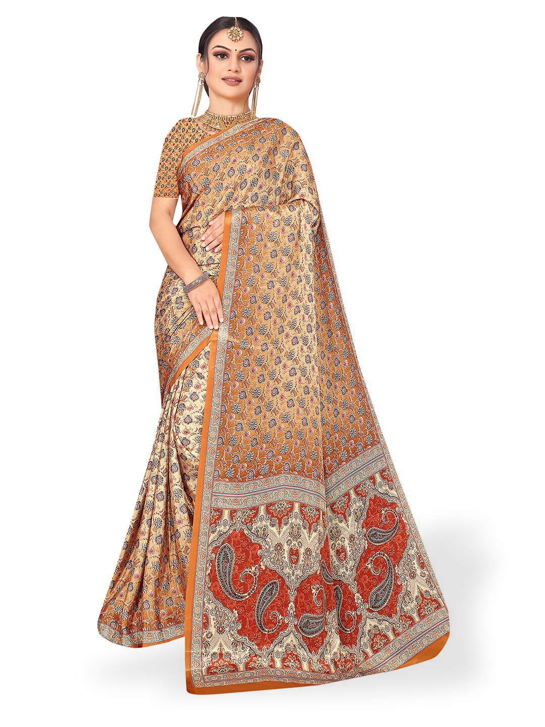

Pisara Ethnic Motifs Printed Pure Crepe Saree, Beige