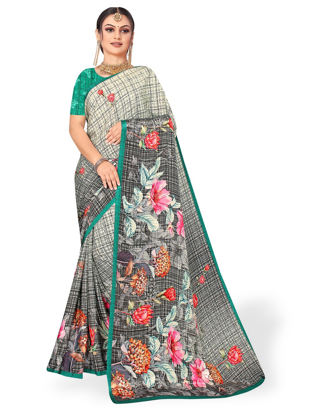 

Pisara Floral Printed Pure Crepe Saree, Beige