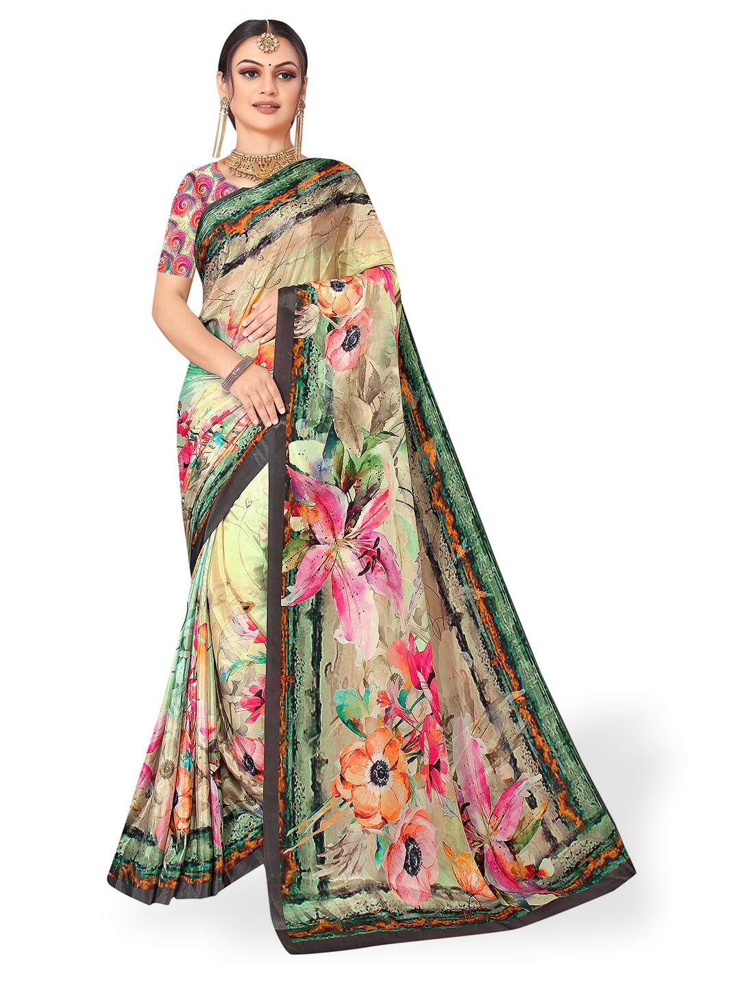 

Pisara Floral Printed Pure Crepe Saree, Green