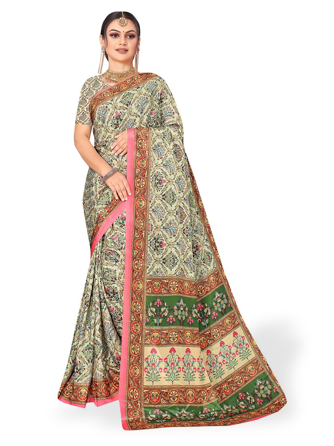 

Pisara Ethnic Motifs Printed Pure Crepe Saree, Beige