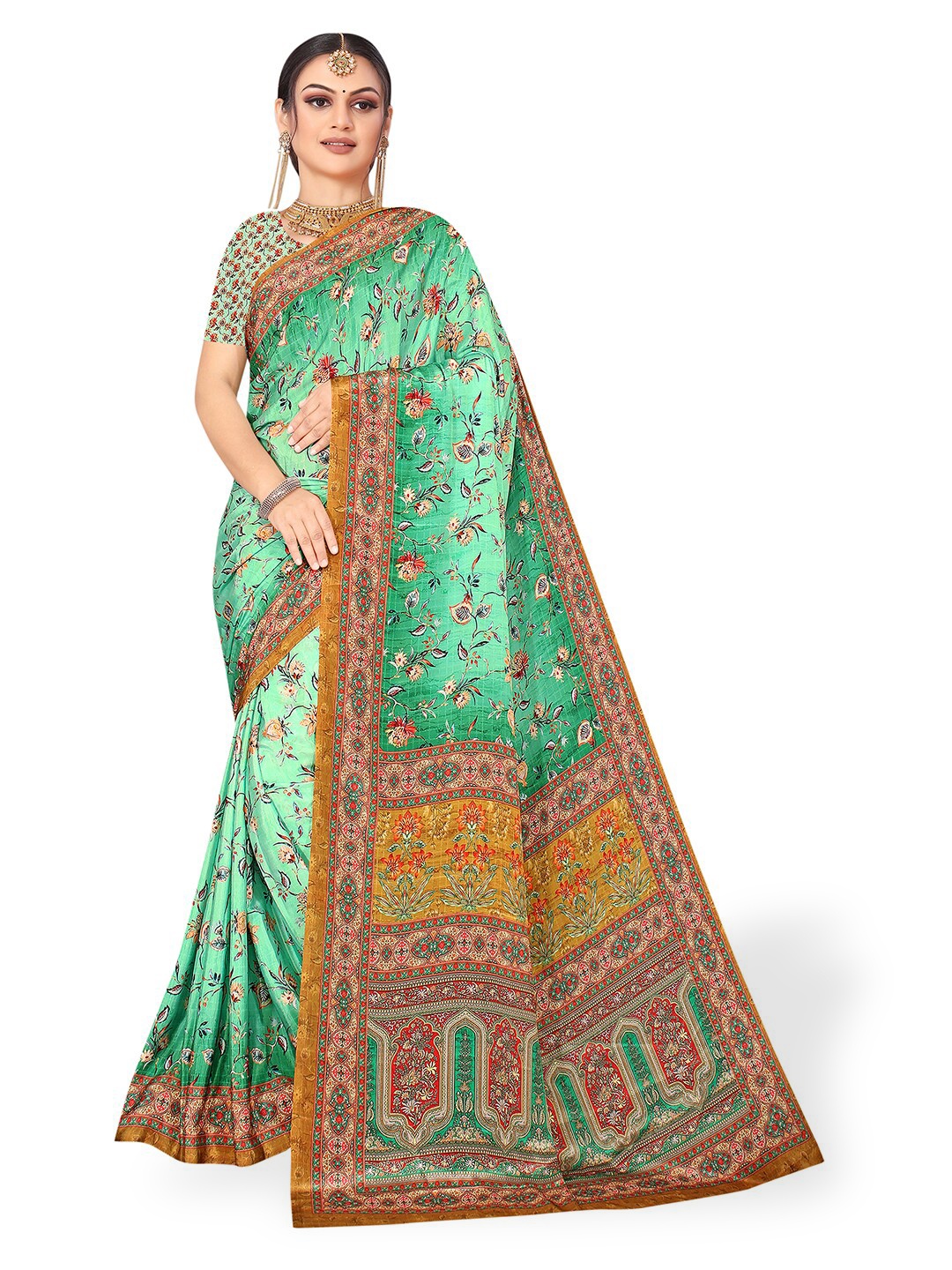 

Pisara Ethnic Motifs Printed Pure Crepe Saree, Green