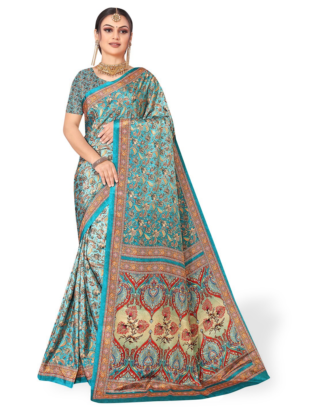 

Pisara Floral Printed Pure Crepe Saree, Turquoise blue