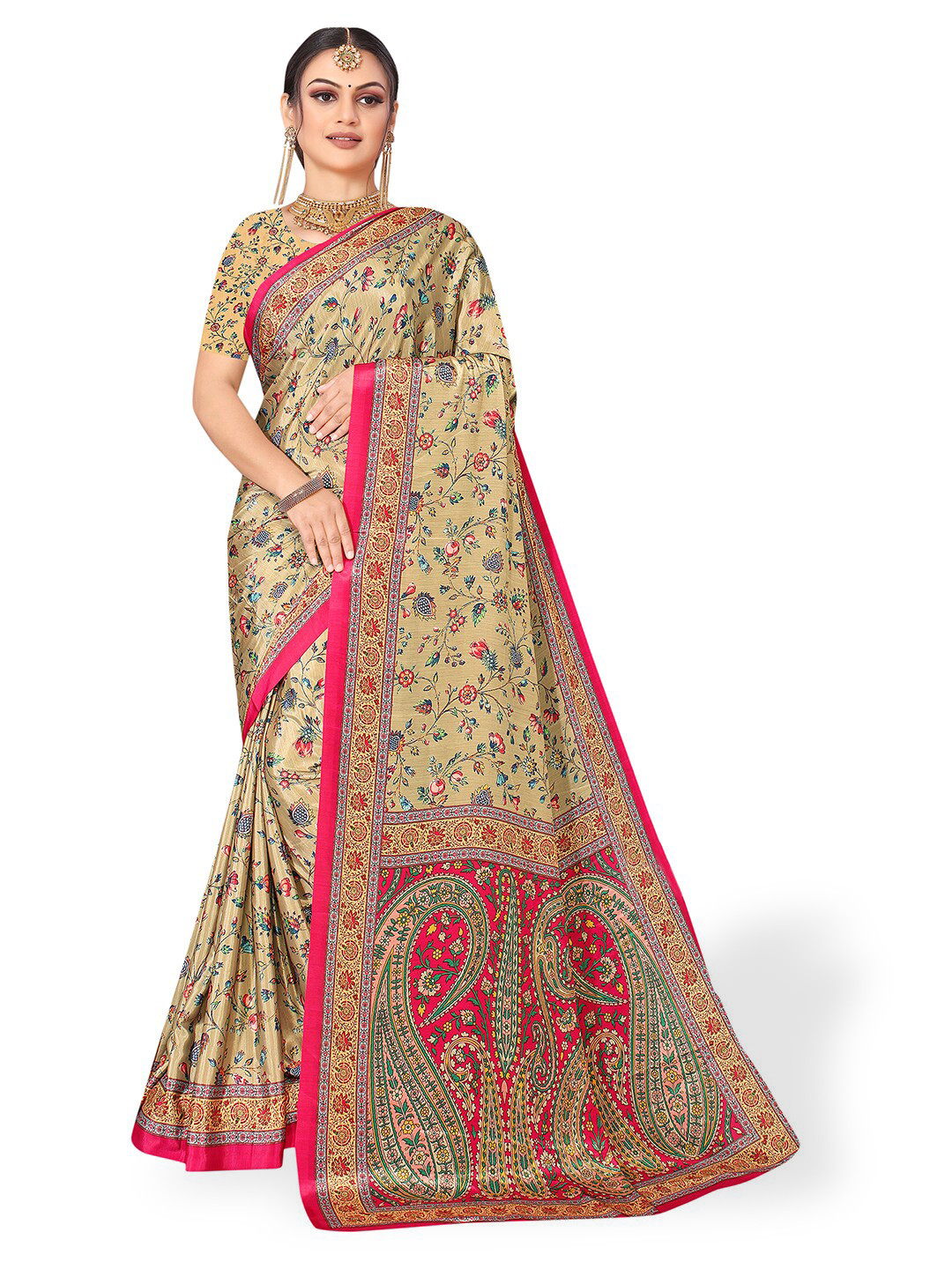 

Pisara Floral Printed Pure Crepe Saree, Beige