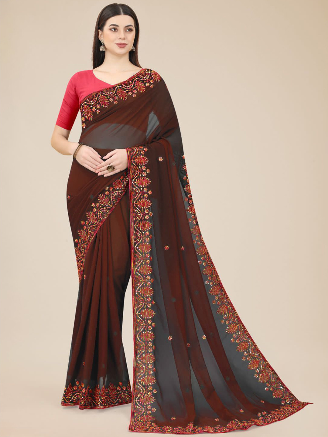 

VAIRAGEE Sequin Embroidered Saree, Brown
