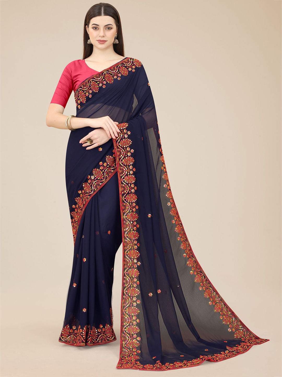 

VAIRAGEE Floral Embroidered Sequinned Poly Georgette Saree, Navy blue