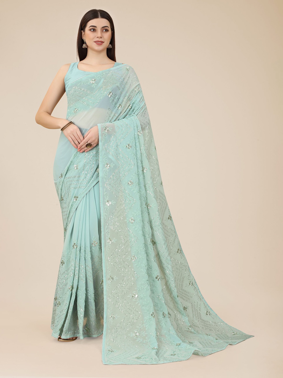 

VAIRAGEE Ethnic Motifs Embellished Sequinned Poly Georgette Saree, Turquoise blue