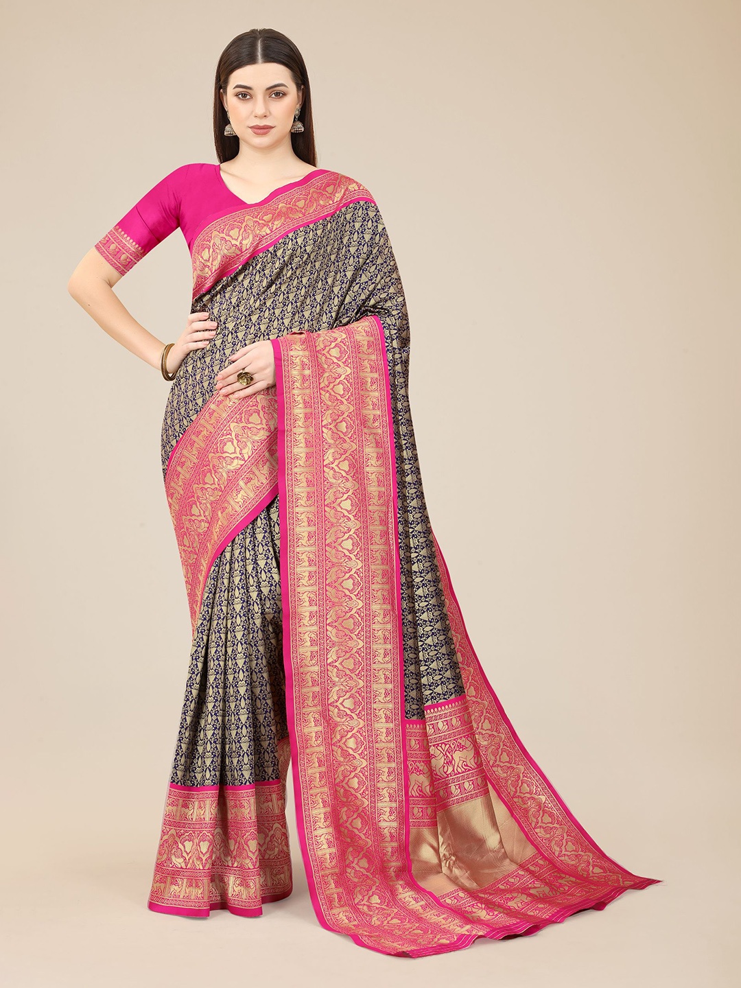 

VAIRAGEE Woven Design Zari Silk Blend Saree, Navy blue