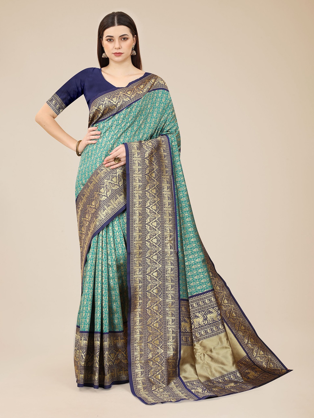 

VAIRAGEE Woven Design Zari Silk Blend Saree, Turquoise blue