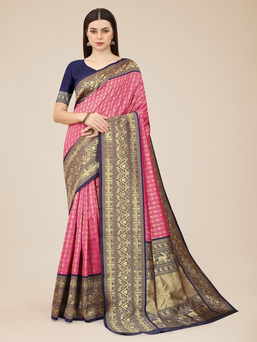 

VAIRAGEE Woven Design Zari Silk Blend Saree, Pink