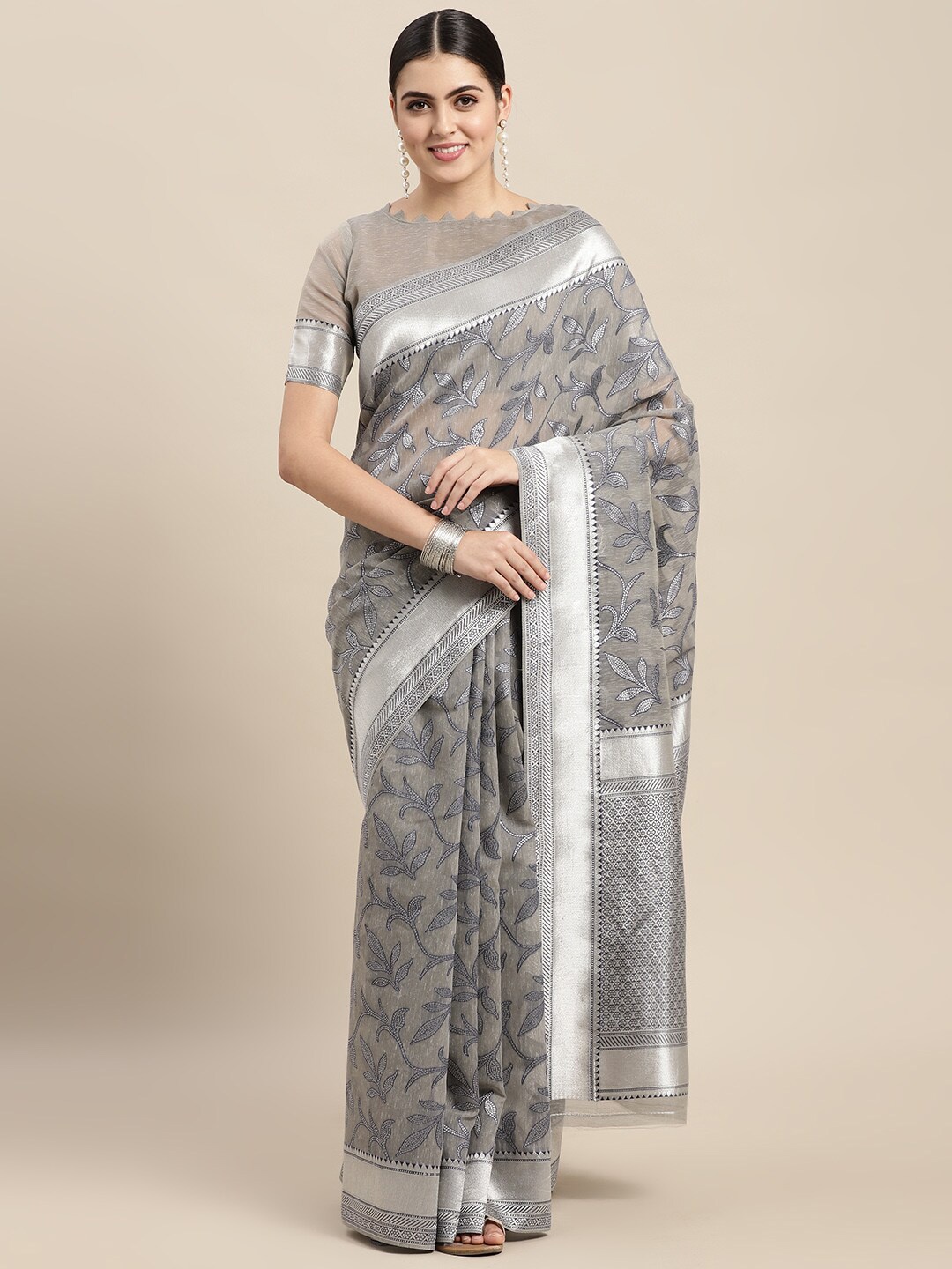 

VAIRAGEE Ethnic Motifs Woven Design Zari Silk Cotton Saree, Grey