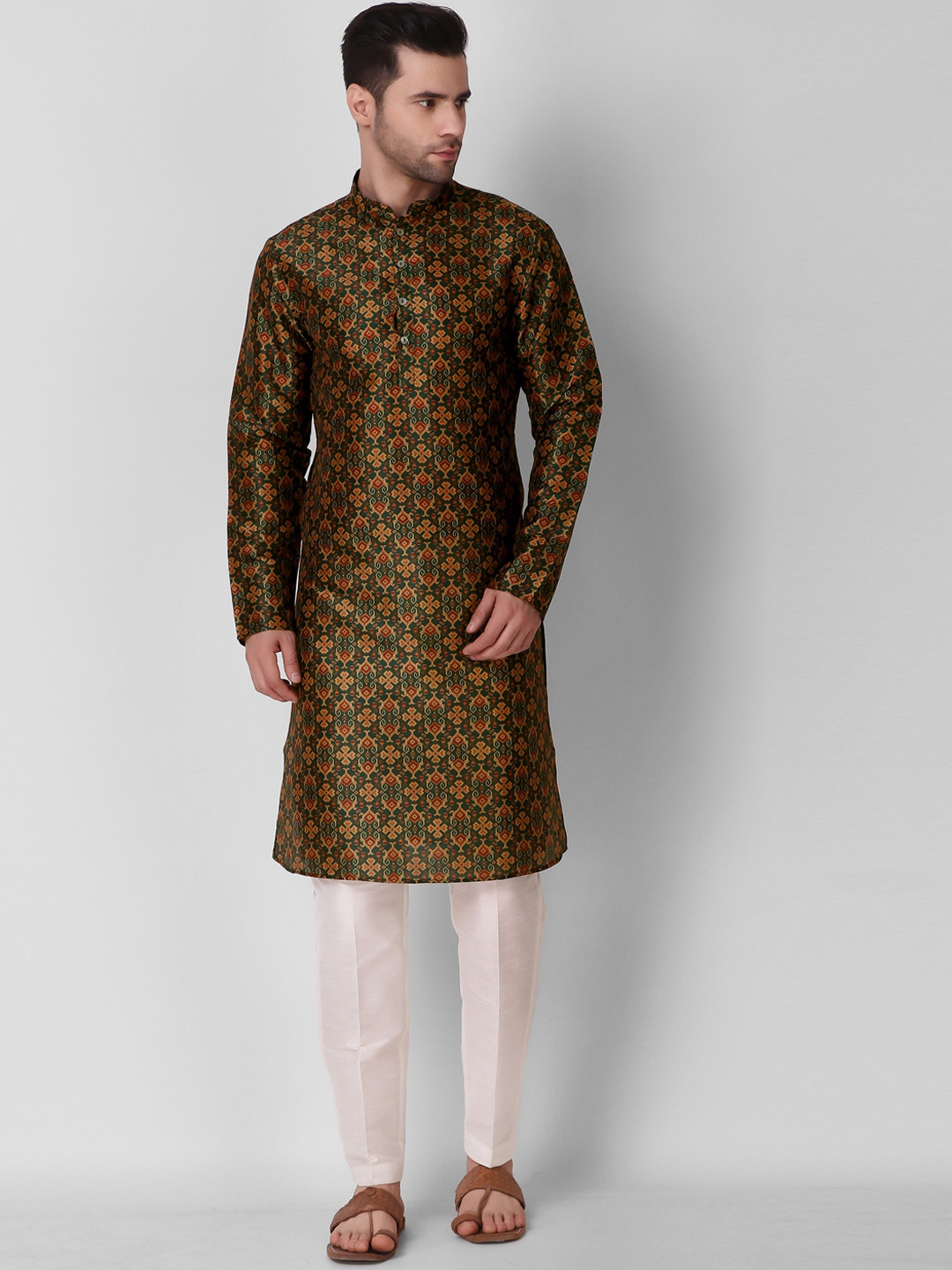 

Cult Indie Mandarin Collar Ethnic Motifs Printed Straight Kurta, Green