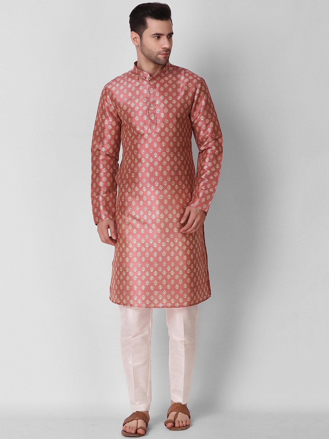 Cult Indie Ethnic Motifs Printed Mandarin Collar Kurta, Peach