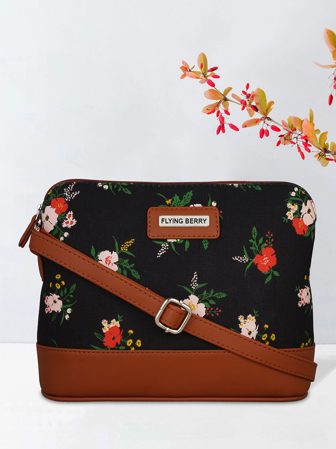 

FLYING BERRY Women Floral Printed Structured Sling Bag, Black