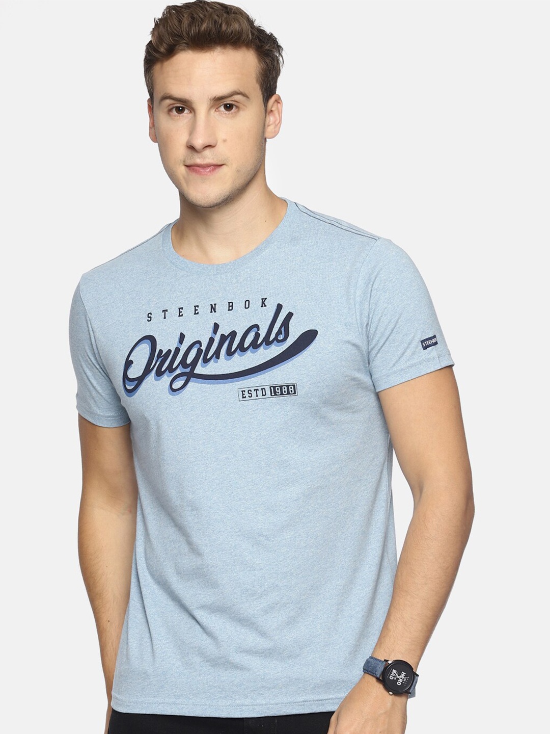 

Steenbok Typography Printed Round Neck Cotton T-shirt, Blue