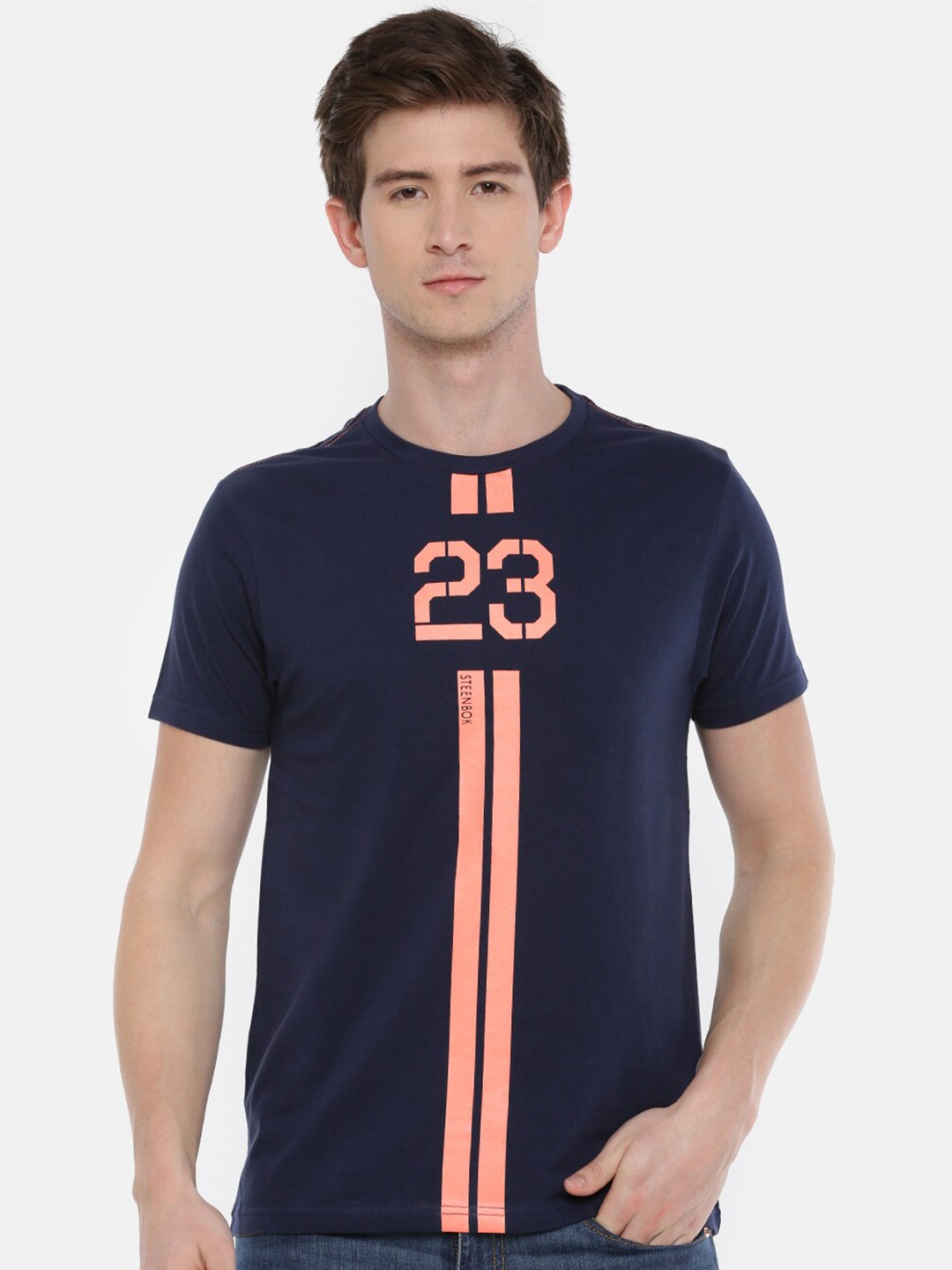 

Steenbok Varsity Printed Round Neck Cotton T-shirt, Navy blue