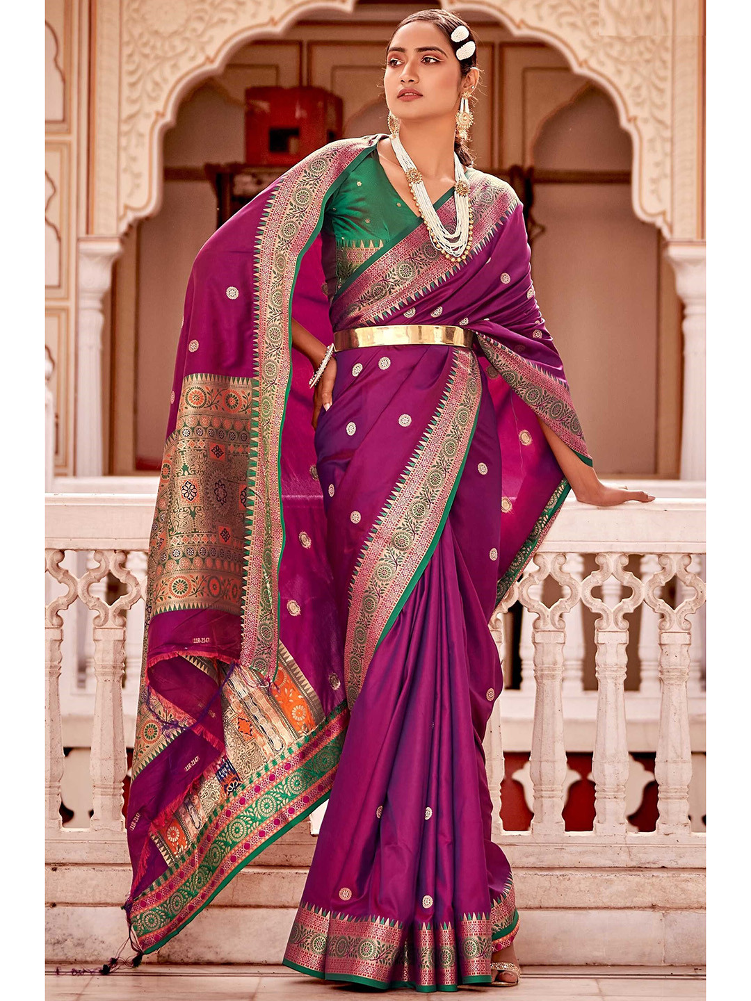 

Mitera Ethnic Motif Silk Blend Banarasi Zari Saree, Purple