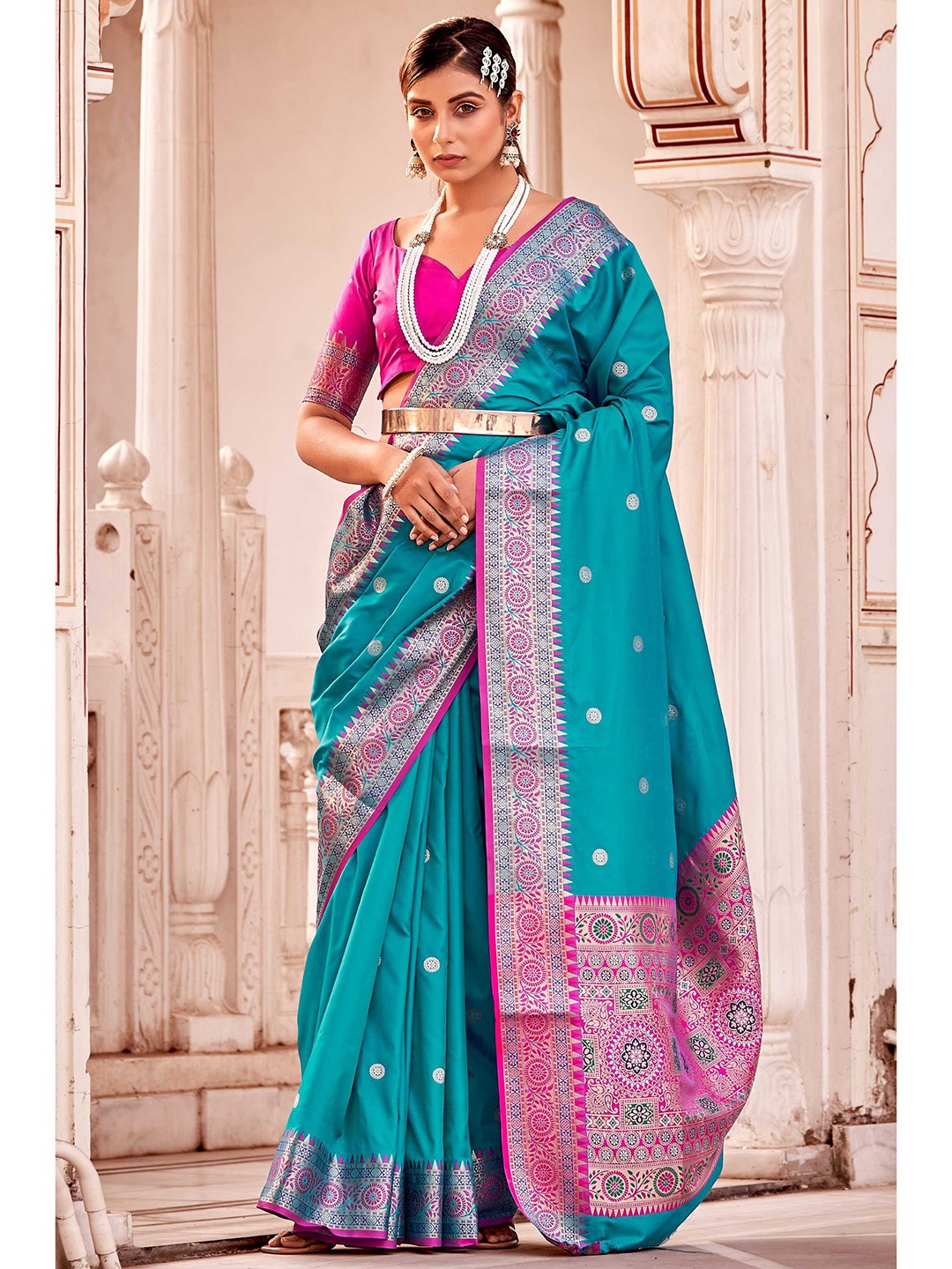 

Mitera Ethnic Motif Silk Blend Banarasi Zari Saree, Blue