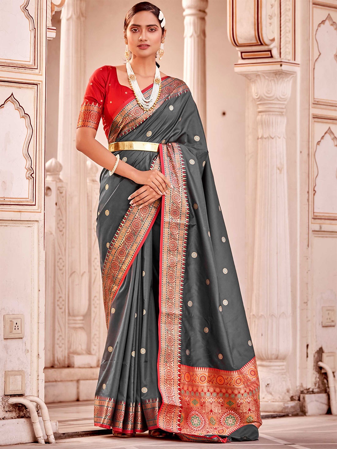 

Mitera Ethnic Motif Silk Blend Banarasi Zari Saree, Grey