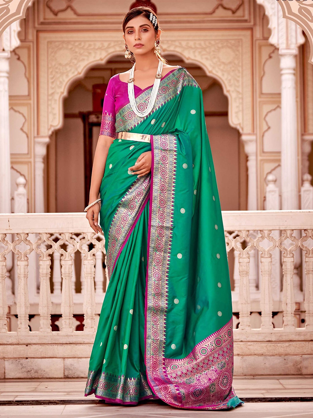 

Mitera Ethnic Motif Silk Blend Banarasi Zari Saree With Blouse Piece, Teal