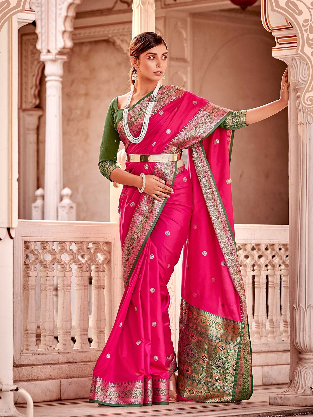 

Mitera Ethnic Motif Silk Blend Banarasi Zari Saree With Blouse Piece, Pink