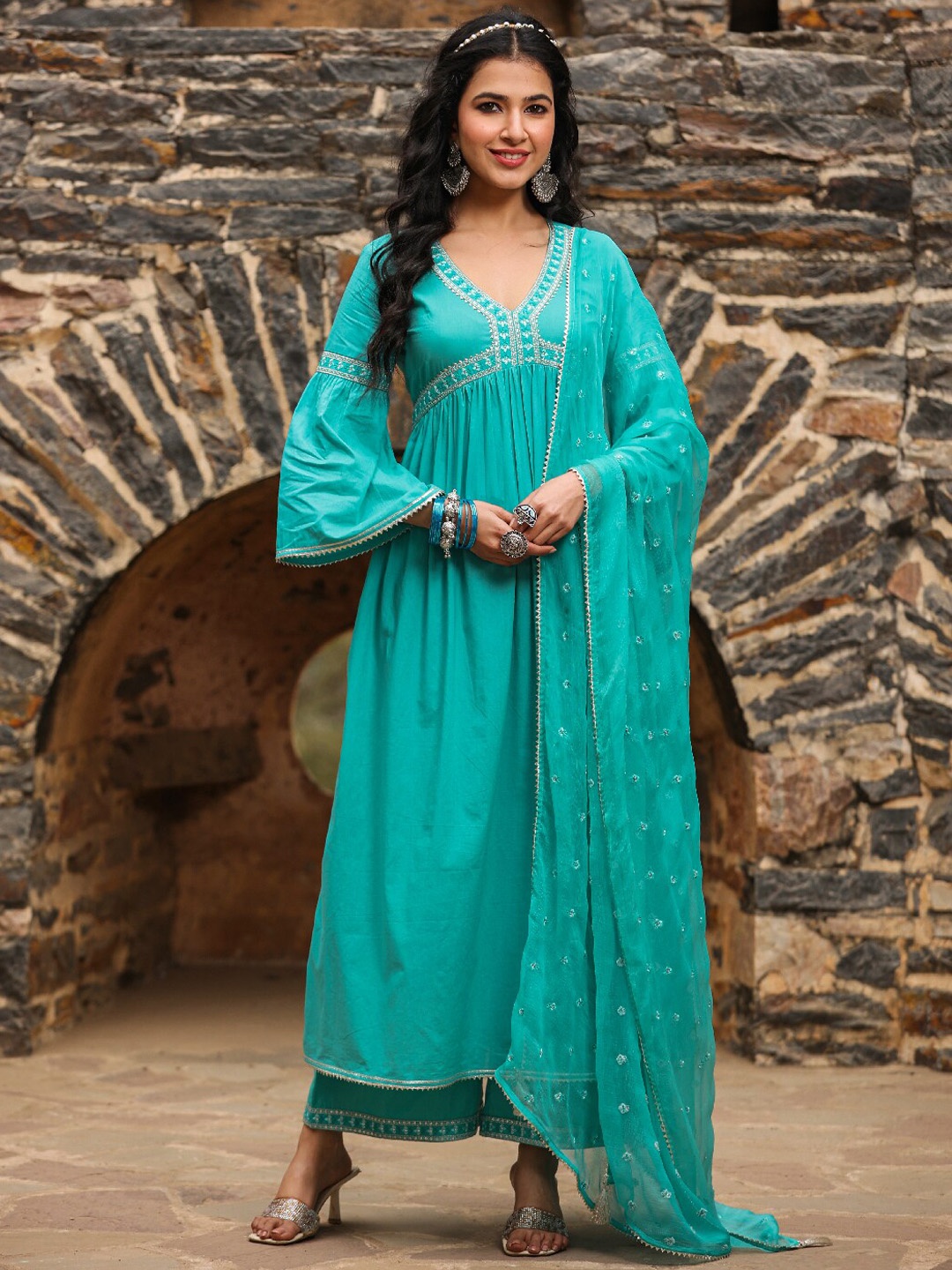 

EverBloom Embroidered Gotta Patti Sequinned Pure Cotton Kurta with Palazzos & Dupatta, Turquoise blue