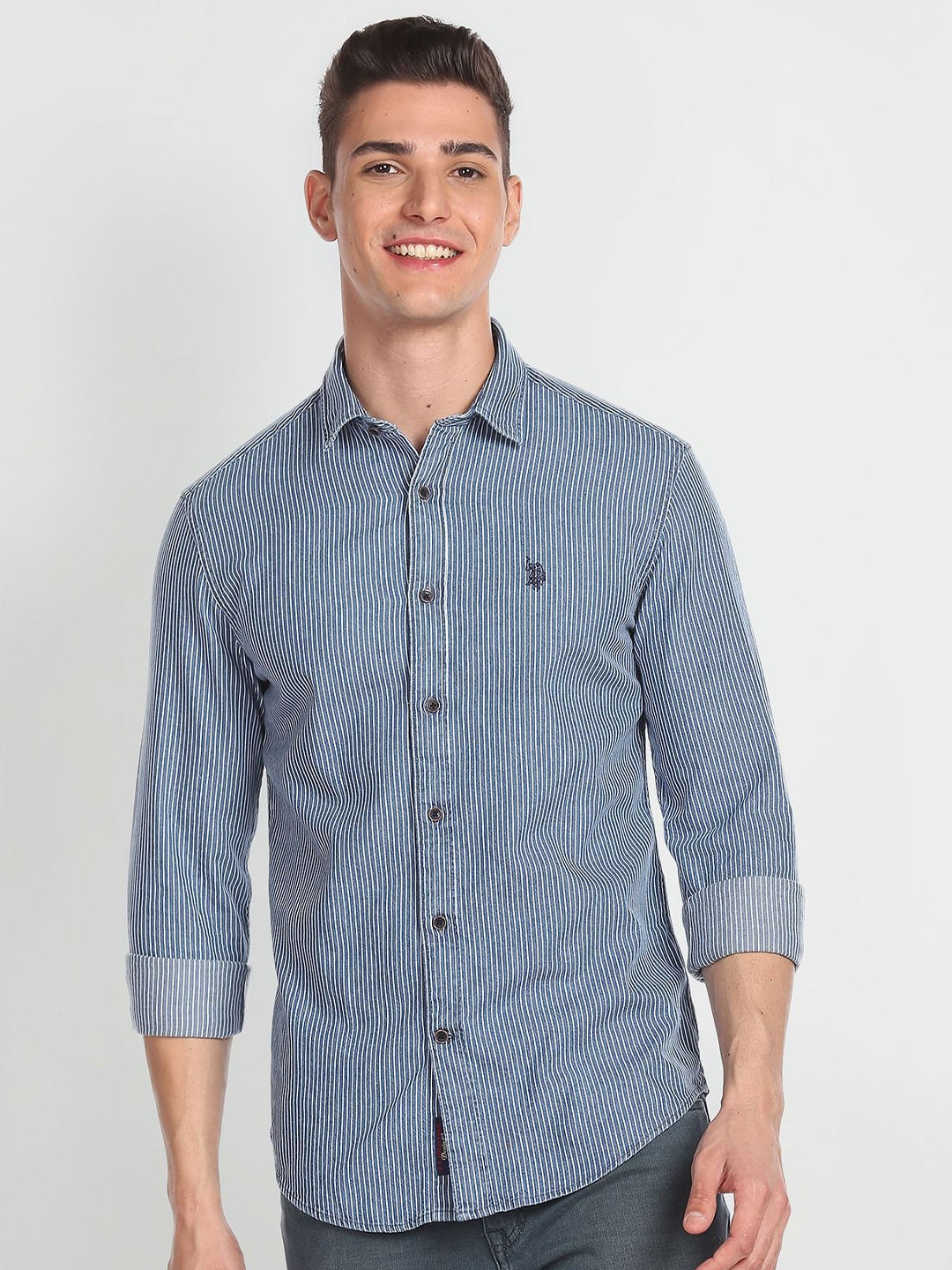 

U.S. Polo Assn. Denim Co. Vertical Striped Spread Collar Chambray Weave Pure Cotton Shirt, Blue