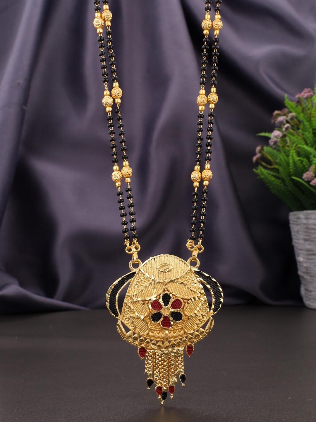 

Vita Bella Gold-Plated Stone-Studded & Beaded Mangalsutra