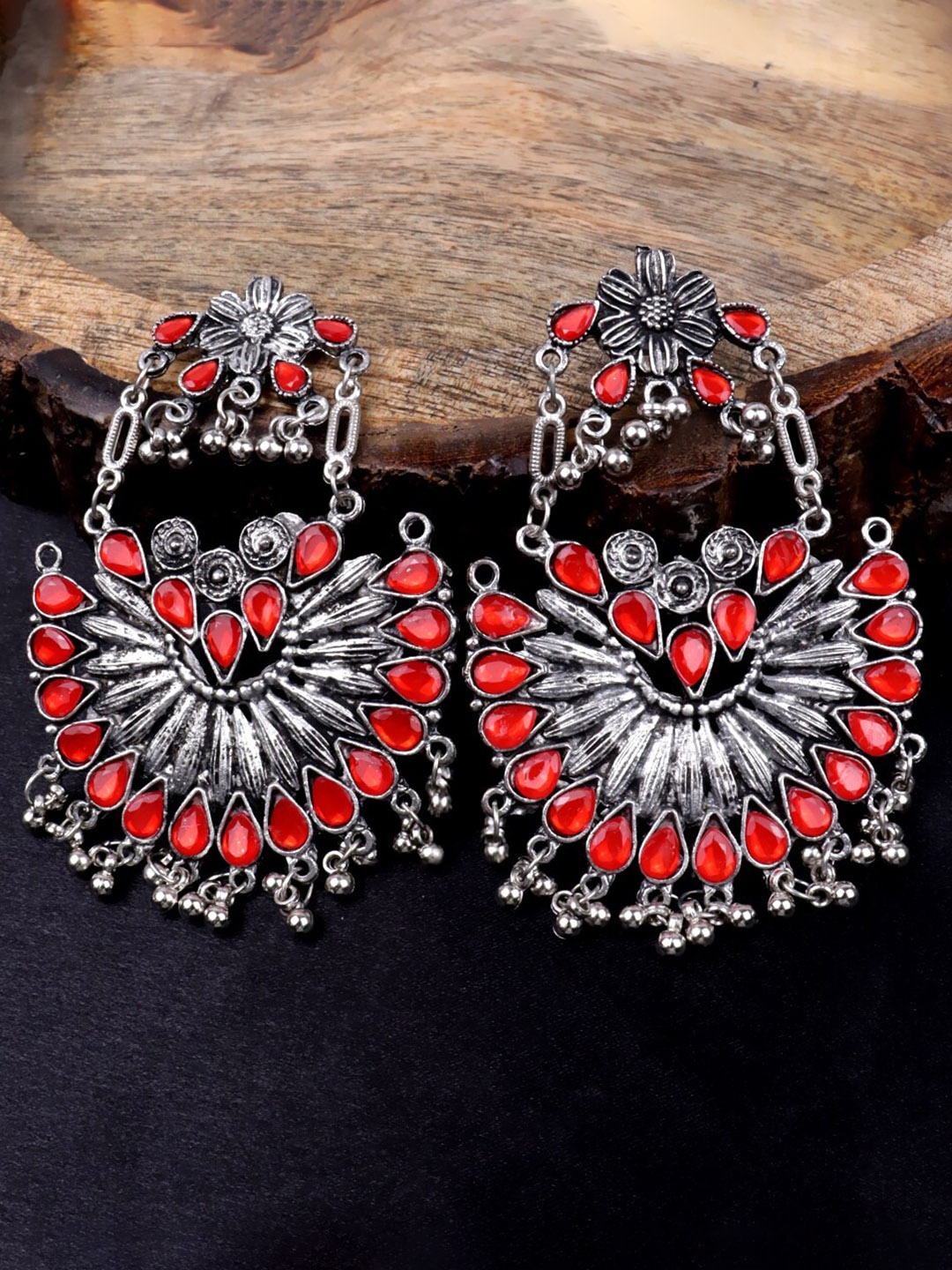 

VAGHBHATT Crescent Shaped Artificial Stones Oxidised Chandbalis Earrings, Silver