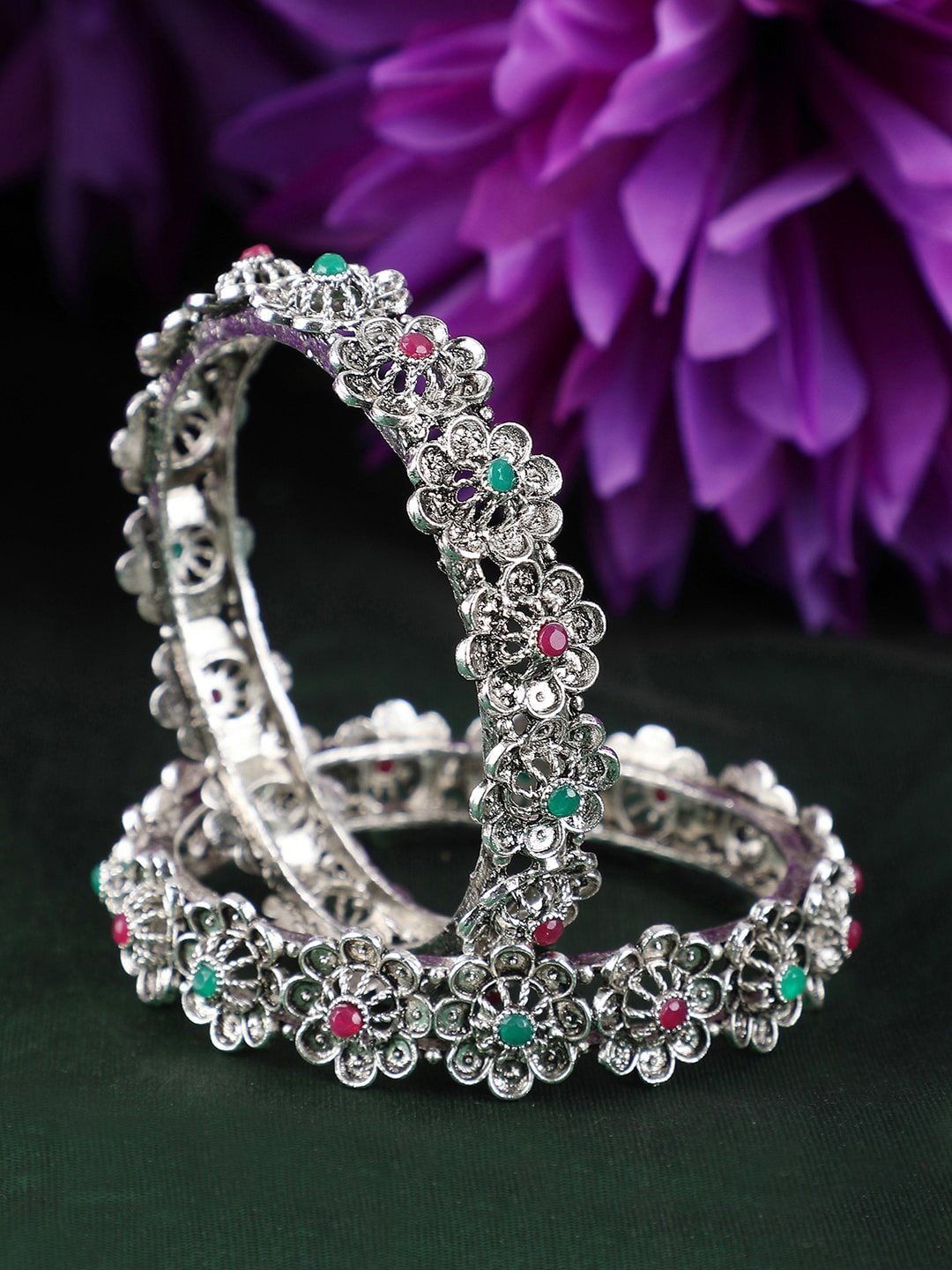 

ANIKAS CREATION Set Of 2 Silver-Plated & Stones Studded Oxidised Bangles