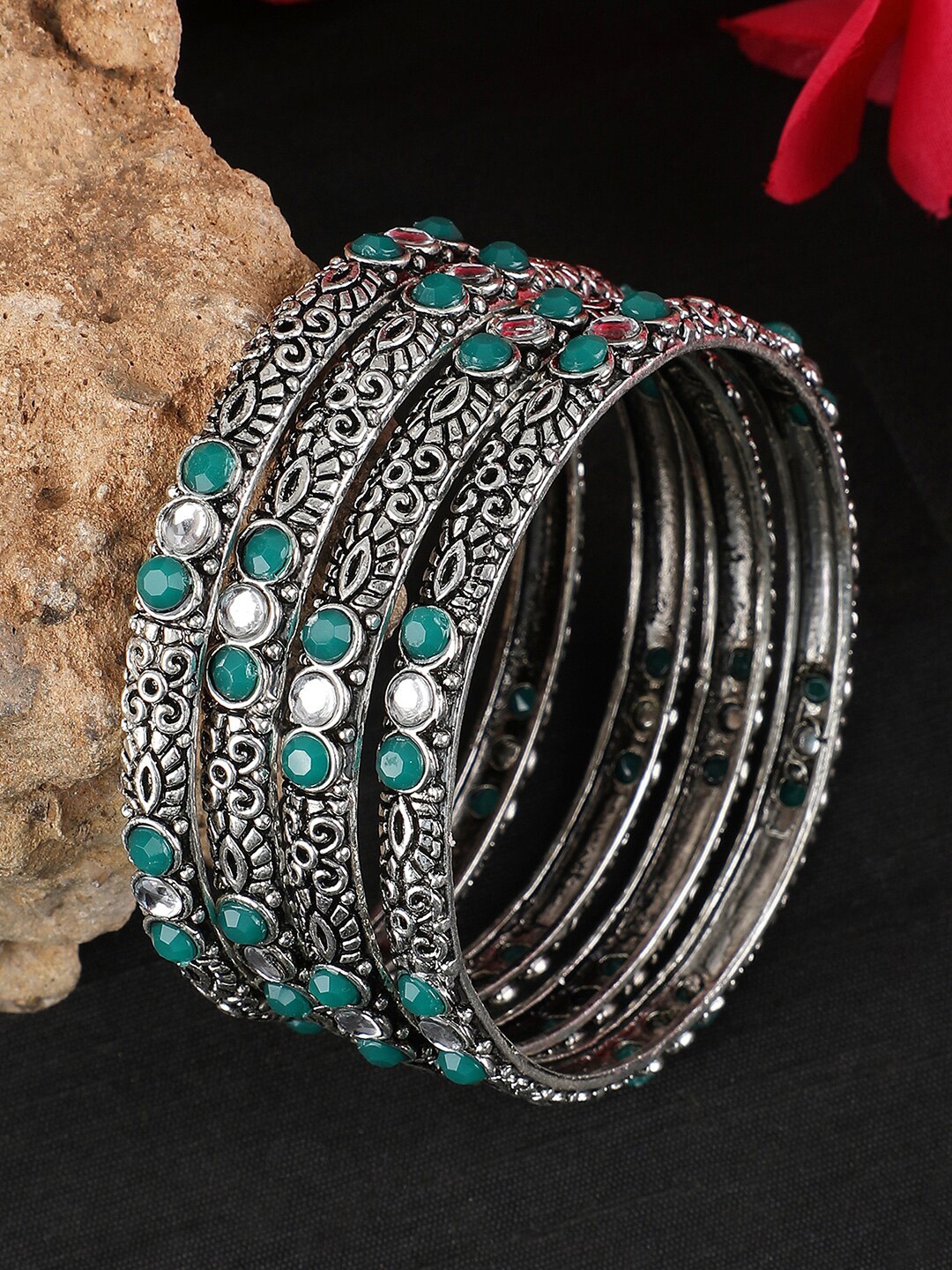 

ANIKAS CREATION Set Of 4 Silver-Plated Stone Studded Oxidised Bangles