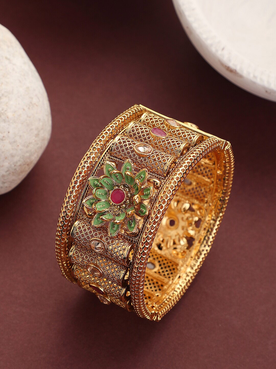 

ANIKAS CREATION Gold-Plated Stone Studded Enamelled Bracelet Bangle