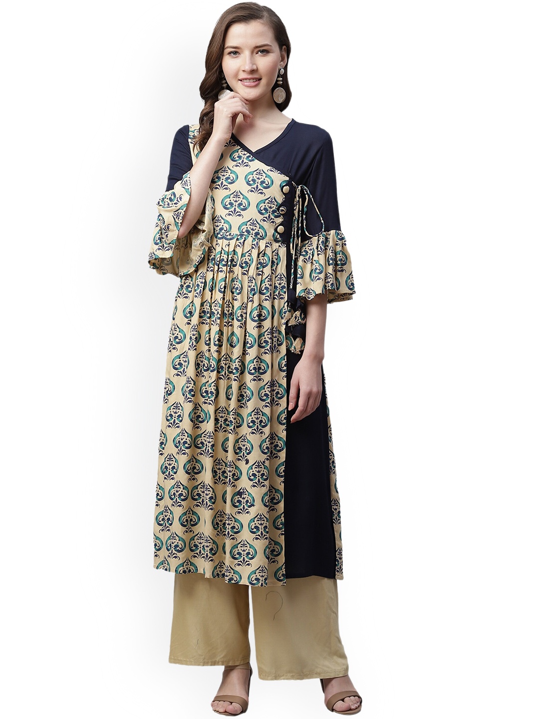 

Aprique FAB Ethnic Motifs Printed Bell Sleeves Angrakha A-Line Kurta, Navy blue