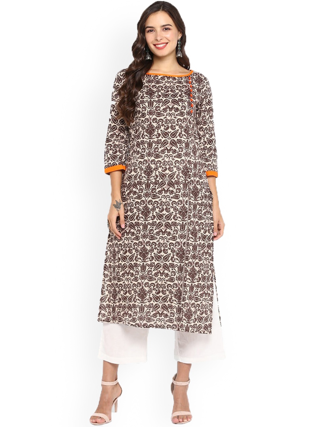 

Aprique FAB Ethnic Motifs Printed Boat Neck Cotton Kurta, Brown