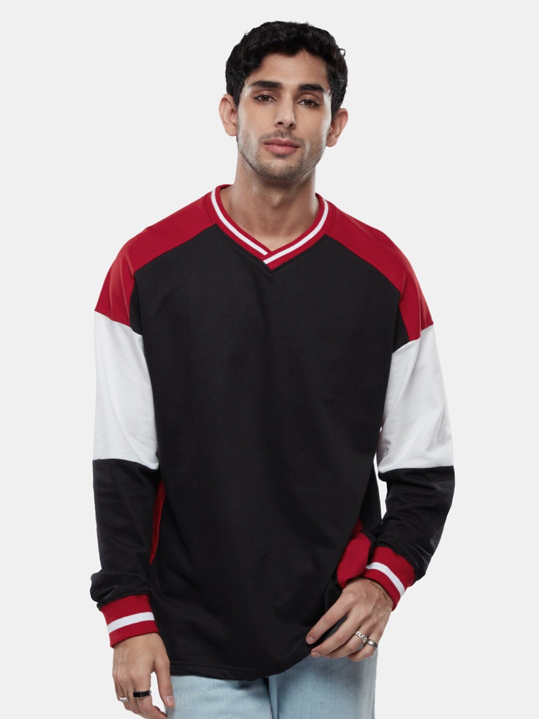

The Souled Store Colourblocked V-Neck Pure Cotton Oversized T-shirt, Red