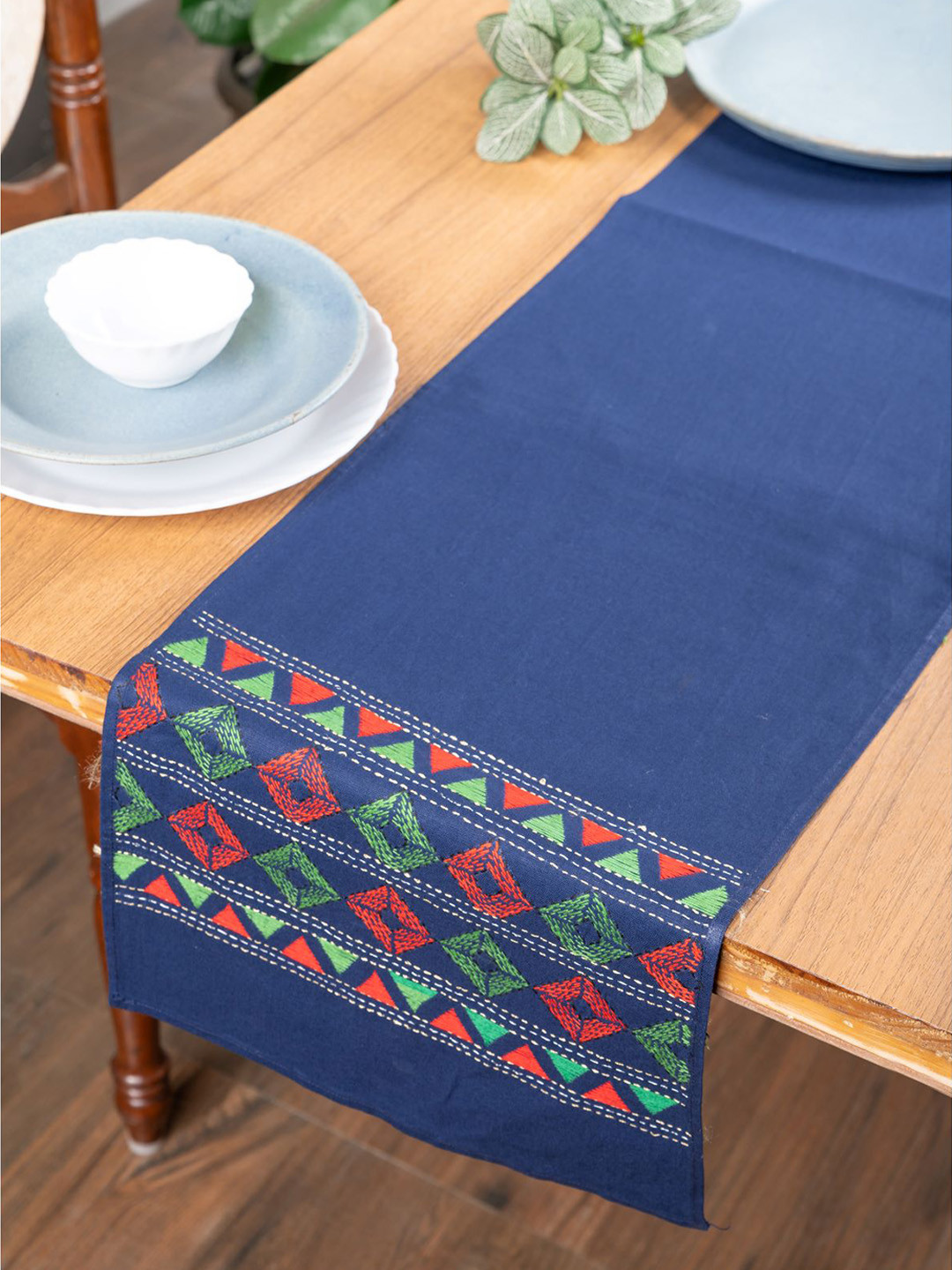 

ArtEastri Blue & Orange Coloured Embroidered Pure Cotton Table Runner