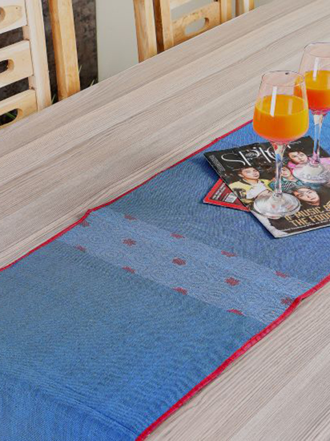 

ArtEastri Blue & Maroon Woven Design Pure Cotton Table Runner