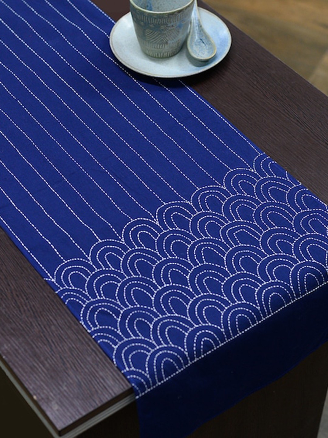 

ArtEastri Navy-Blue & White Embroidered Pure Cotton Runner