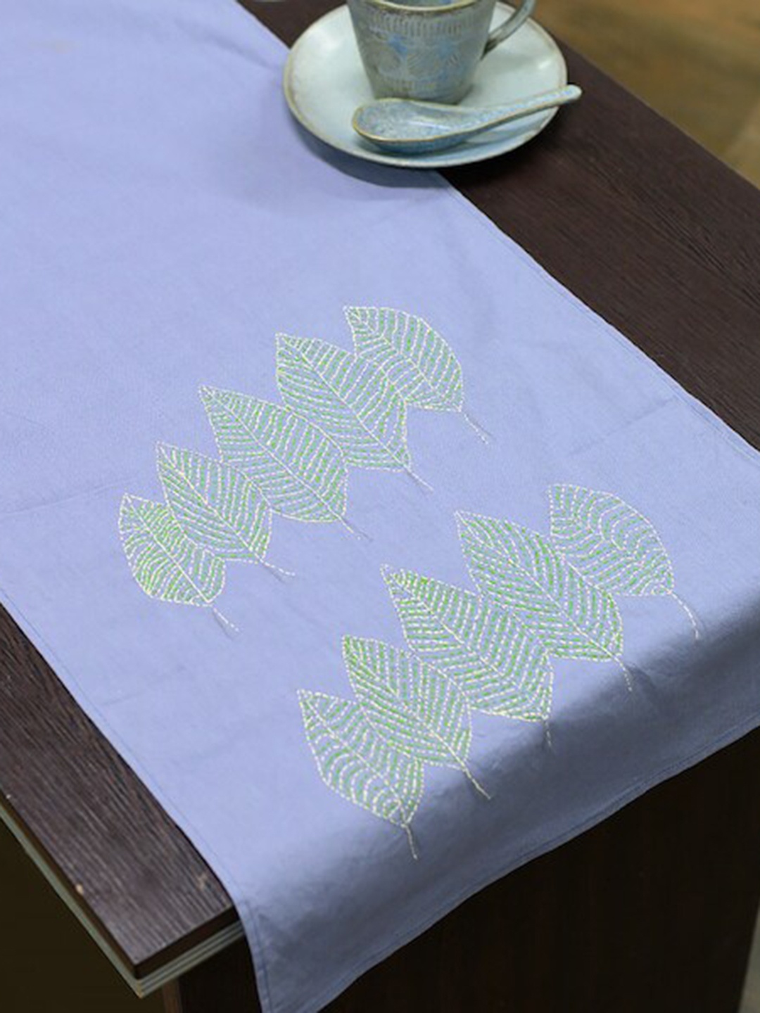 

ArtEastri Grey & Green Embroidered Pure Cotton Table Runner