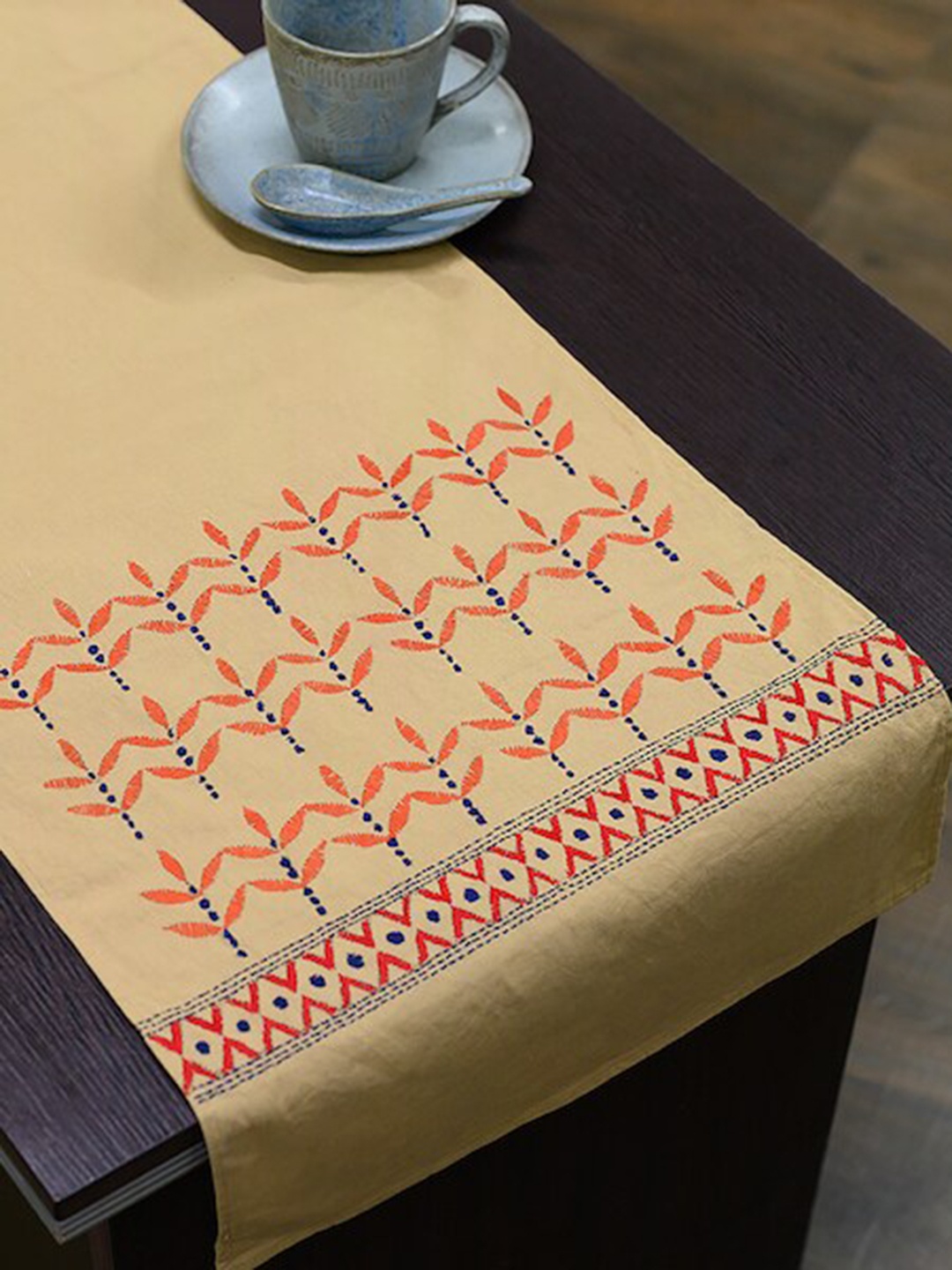 

ArtEastri Beige & Red Embroidered Pure Cotton Runner