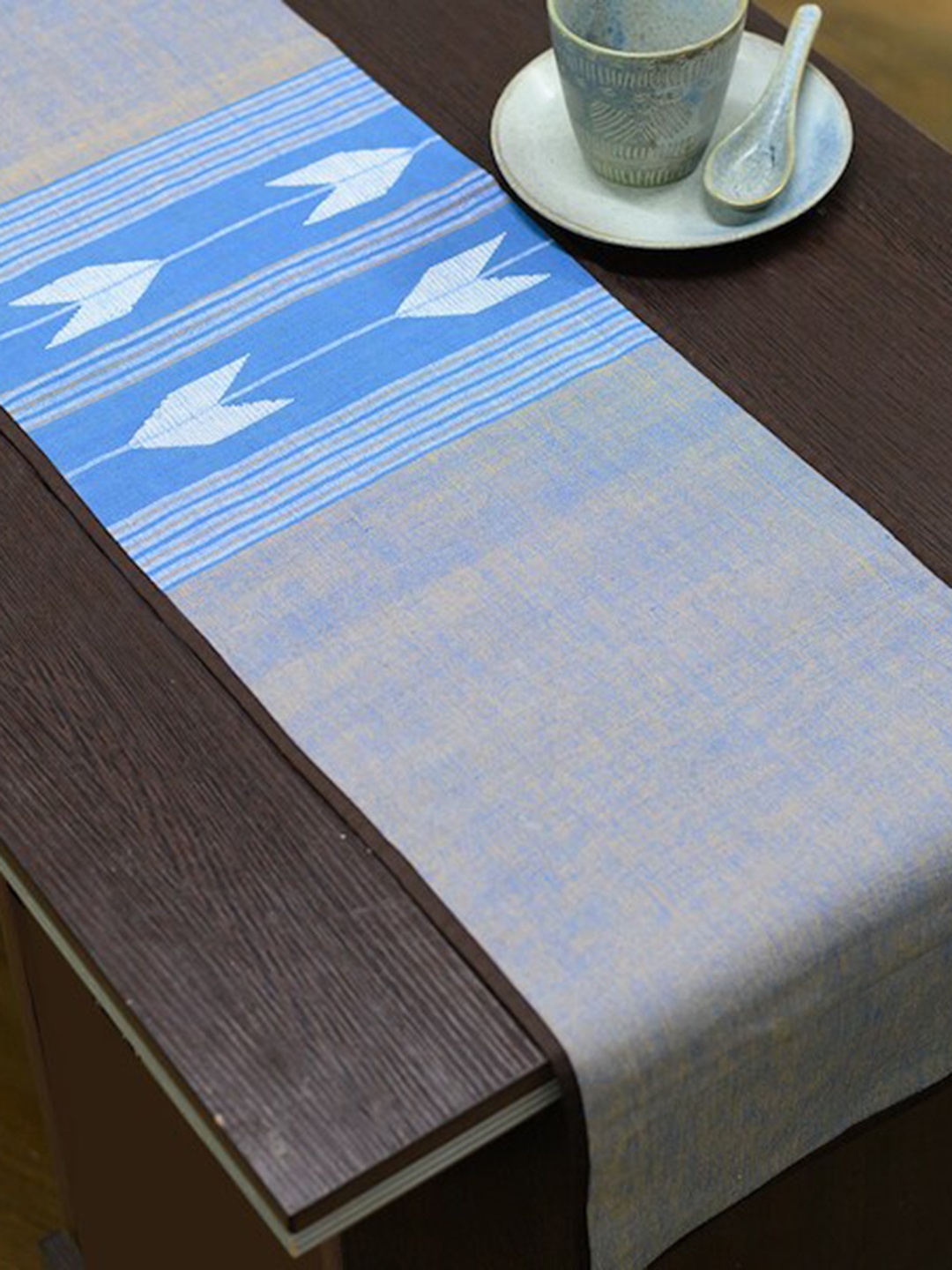 

ArtEastri Grey & Blue Self-Design Pure Cotton Table Runner