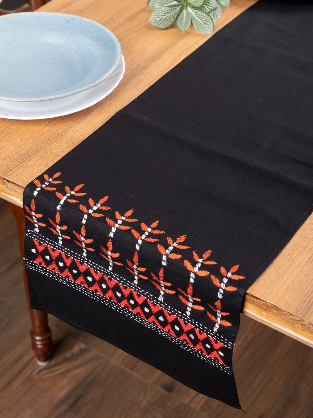 

ArtEastri Black & Orange Coloured Embroidered Pure Cotton Table Runner