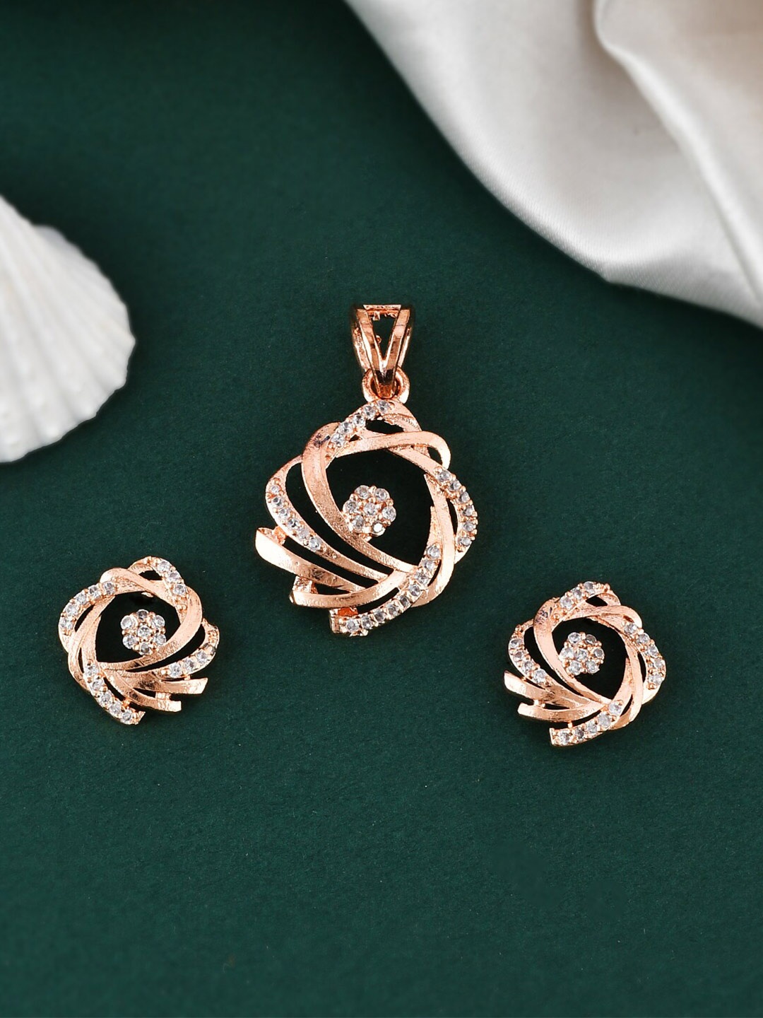 

Silvermerc Designs Rose Gold Plated American Diamond Studded Jewellery Set