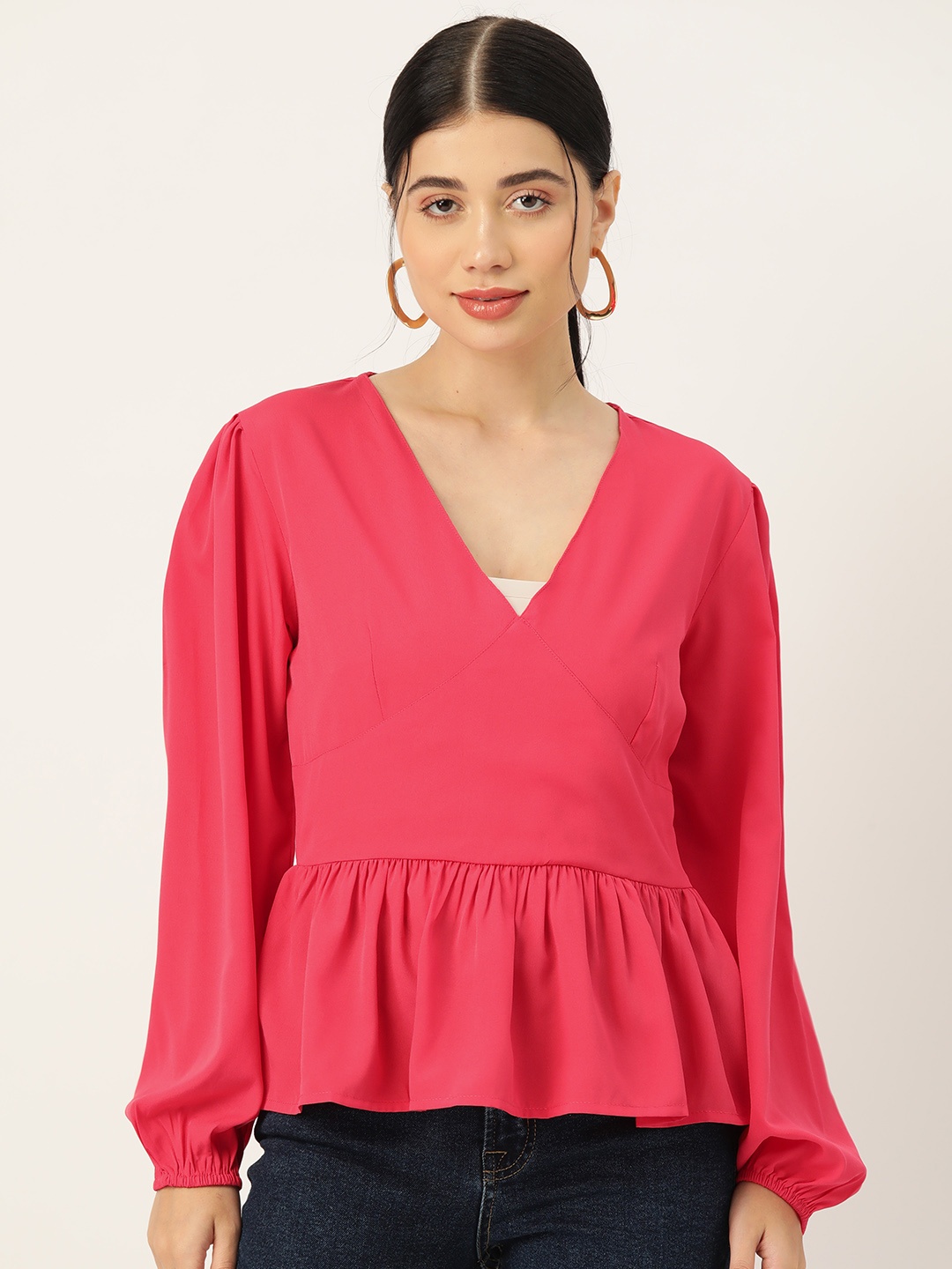 

Rue Collection Puff Sleeve Crepe Peplum Top, Coral