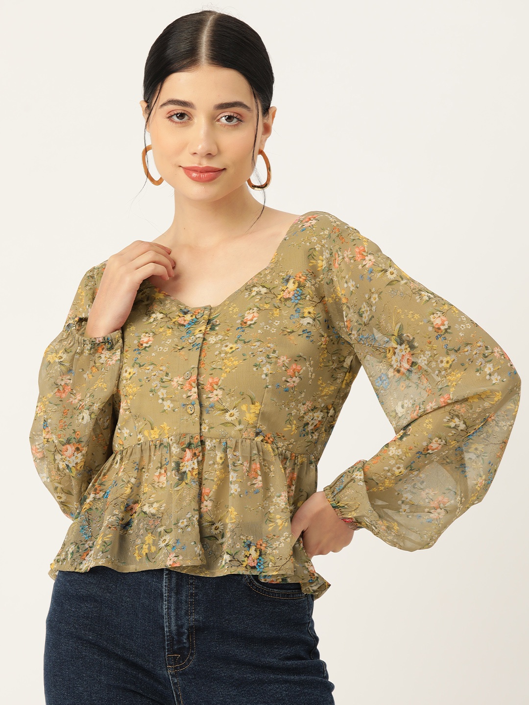 

Rue Collection Floral Print Puff Sleeve Peplum Top, Multi