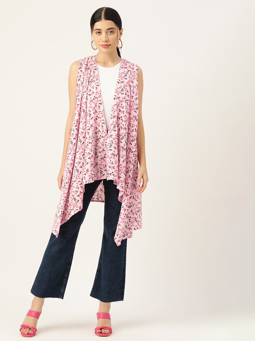 

Rue Collection Women Pink Printed Longline Waterfall Shrug