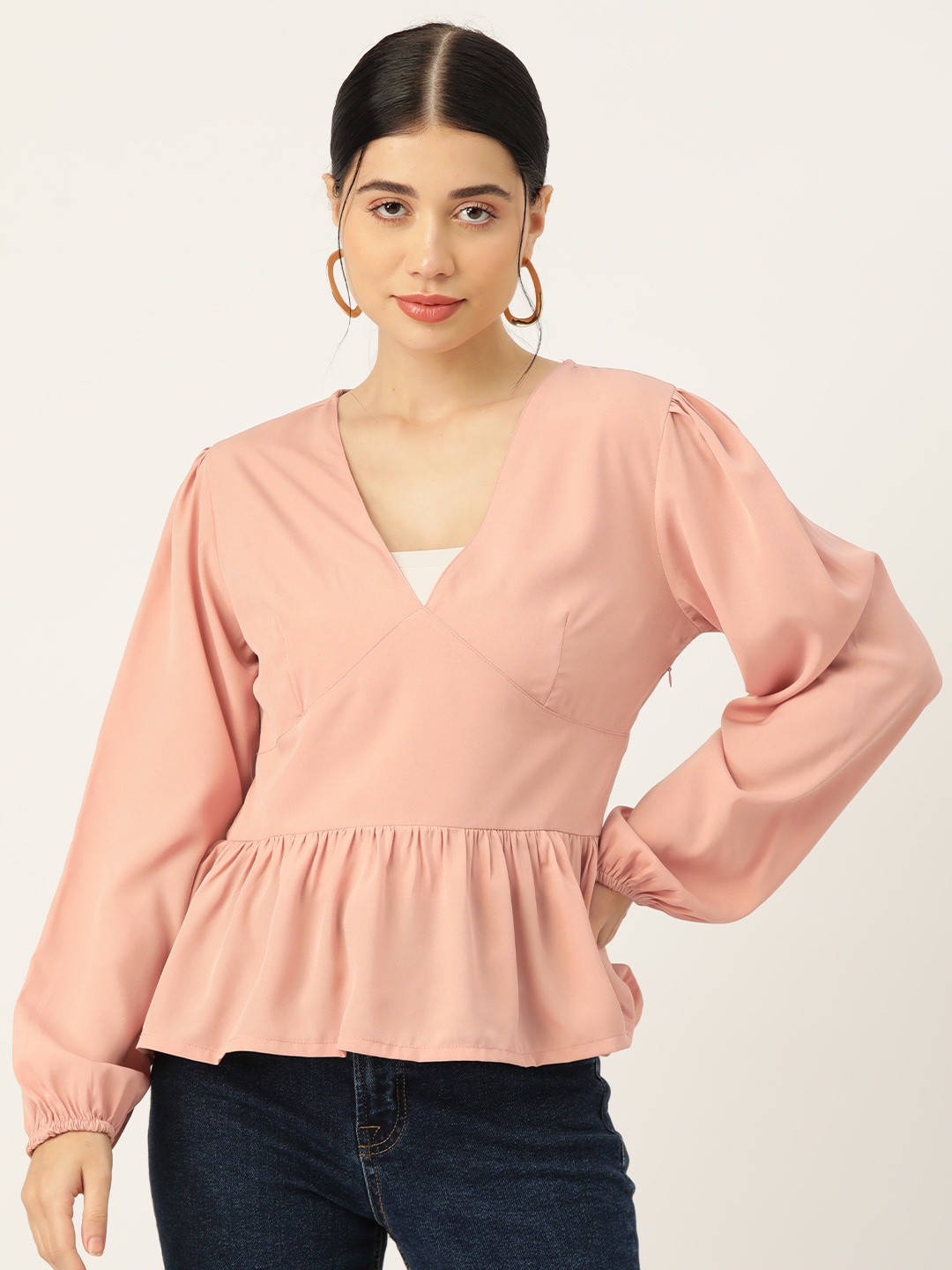 

Rue Collection Puff Sleeve Crepe Peplum Top, Beige