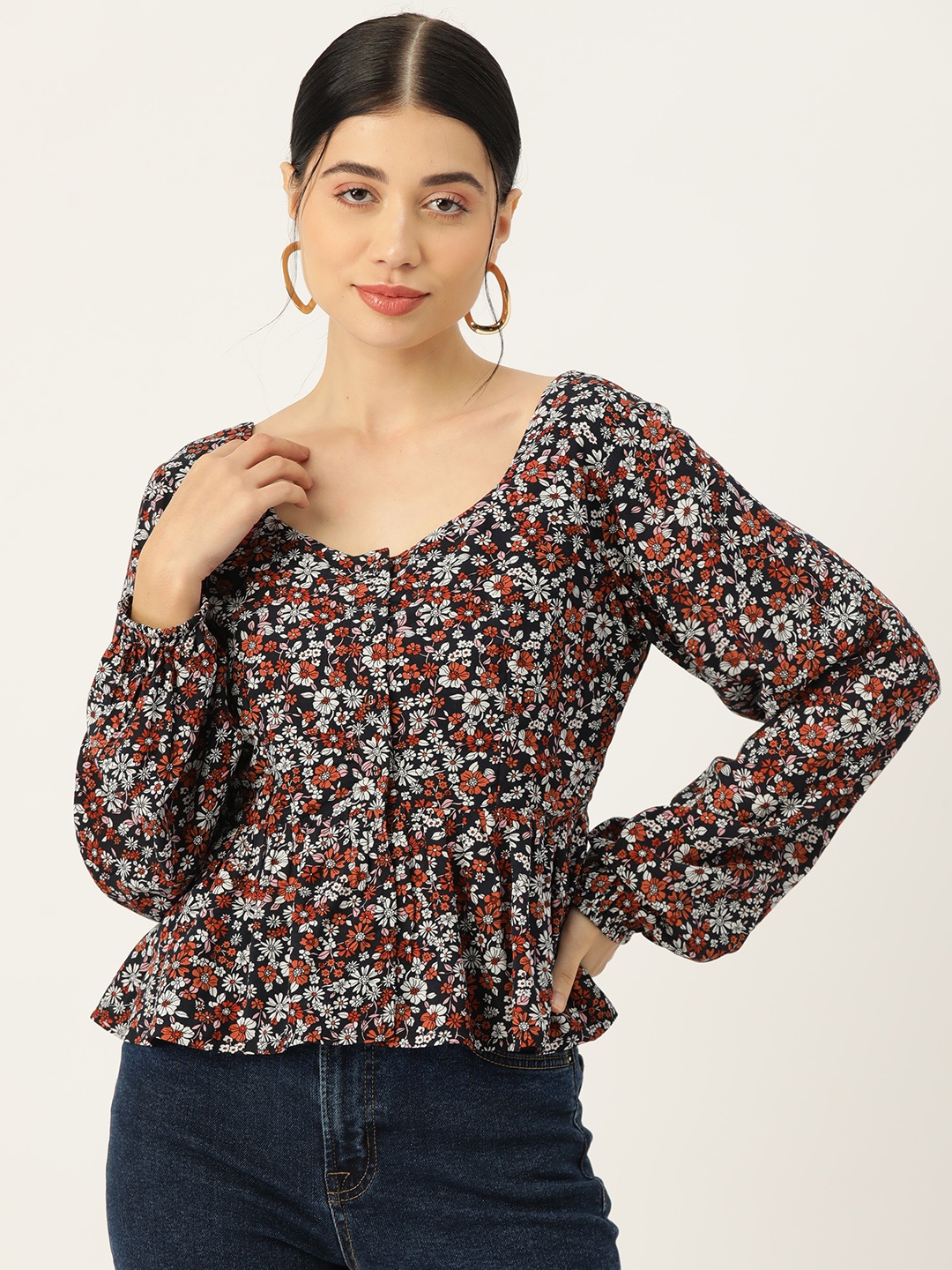 

Rue Collection Floral Print Puff Sleeve Peplum Top, Multi