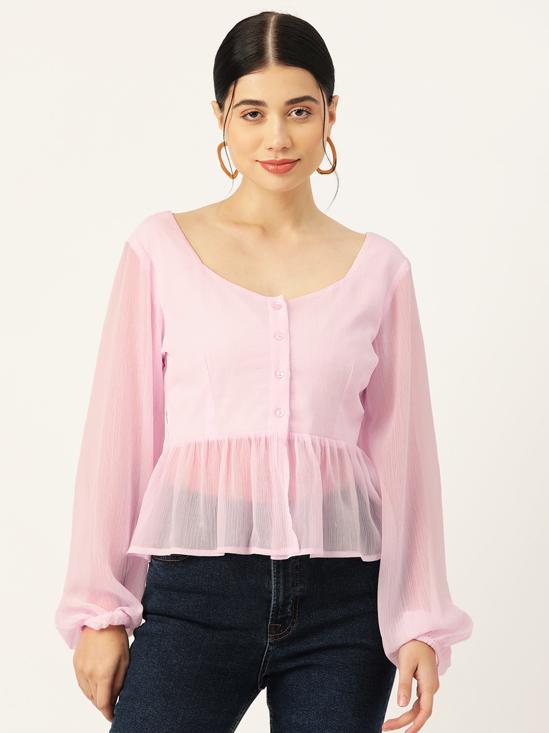 

Rue Collection Puff Sleeve Peplum Top, Pink